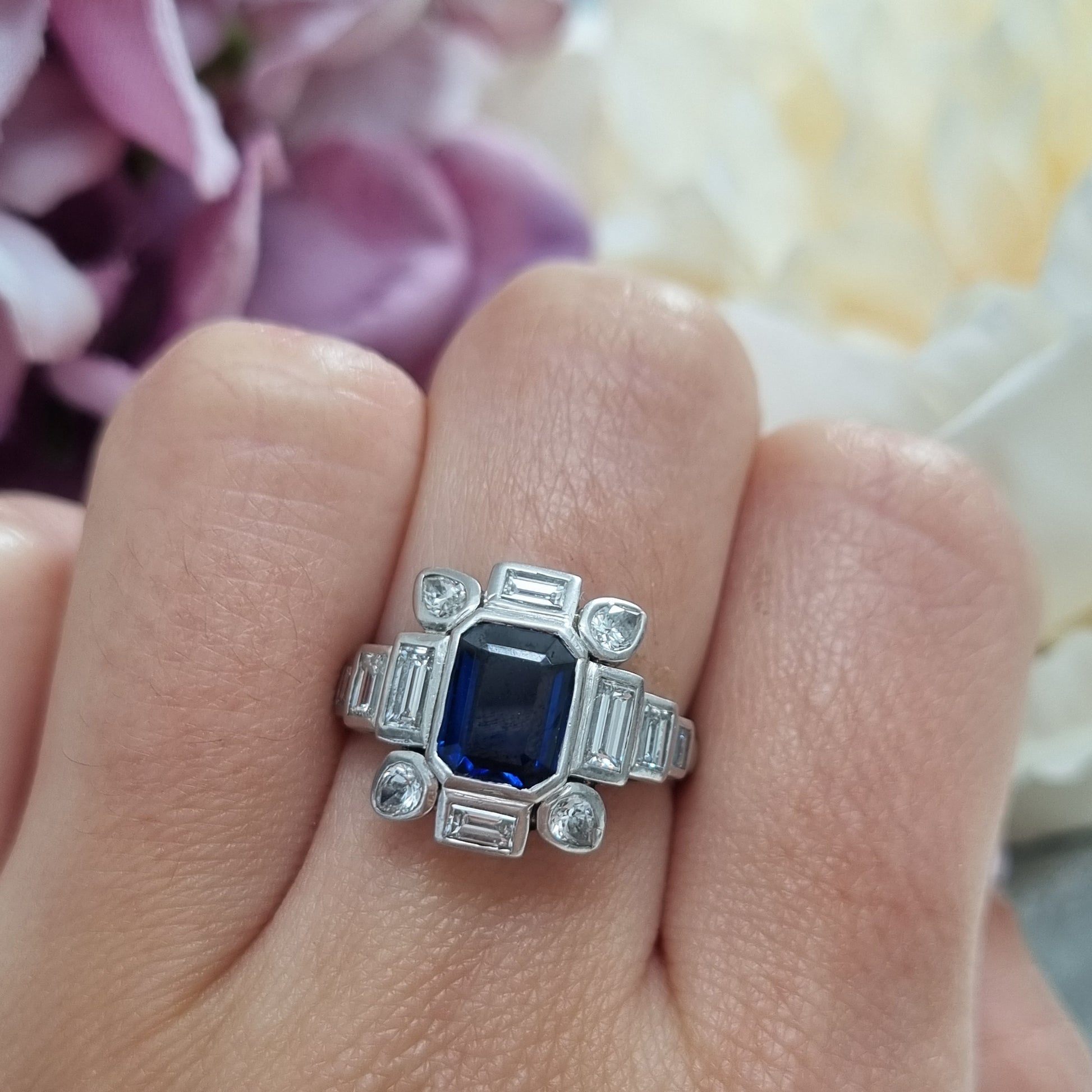 Art Deco Sapphire and Baguette Diamond Cluster Engagement Ring