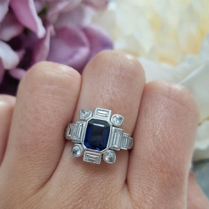 Art Deco Sapphire and Baguette Diamond Cluster Engagement Ring