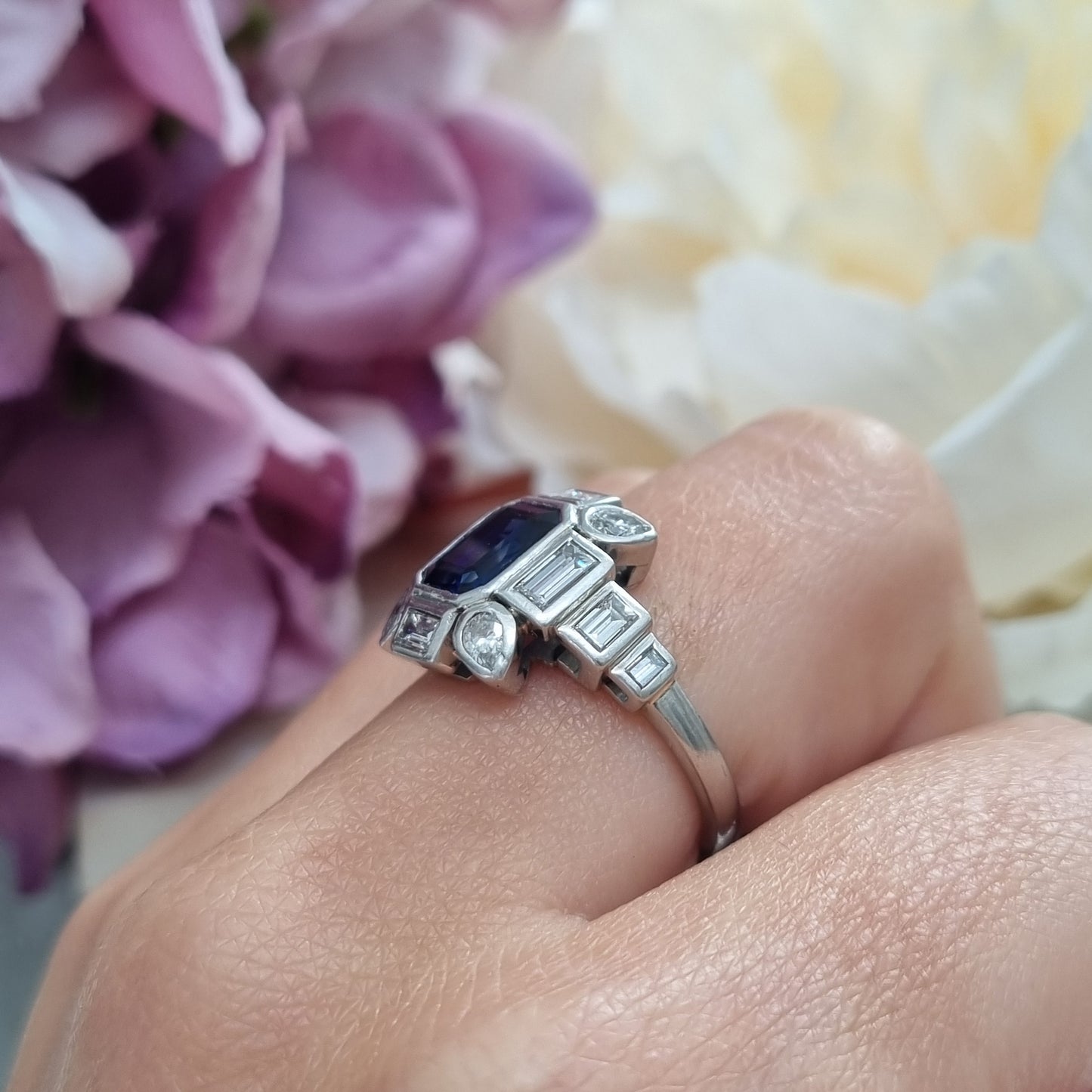 Art Deco Sapphire and Baguette Diamond Cluster Engagement Ring