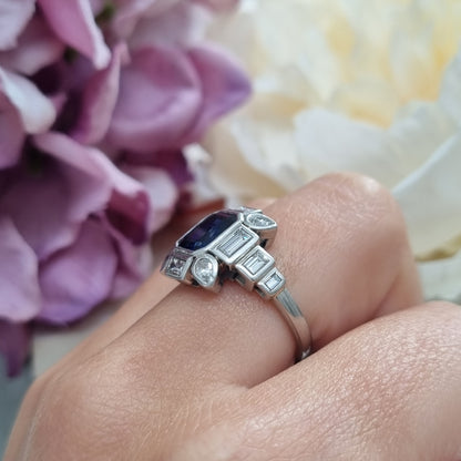 Art Deco Sapphire and Baguette Diamond Cluster Engagement Ring