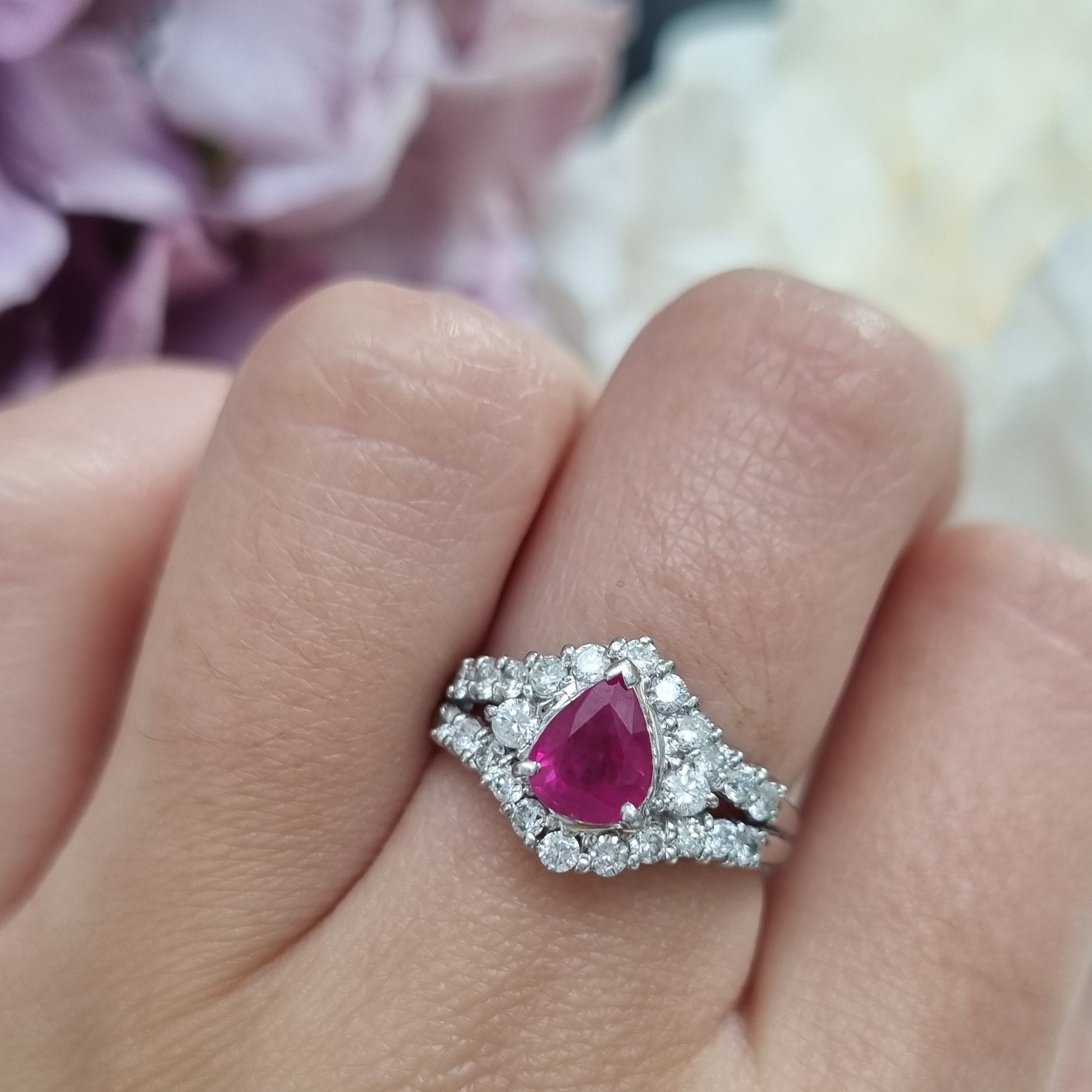 1ct Pear Cut Ruby and Diamond Cluster Engagement Ring in Platinum