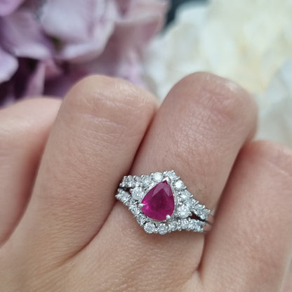 1ct Pear Cut Ruby and Diamond Cluster Engagement Ring in Platinum