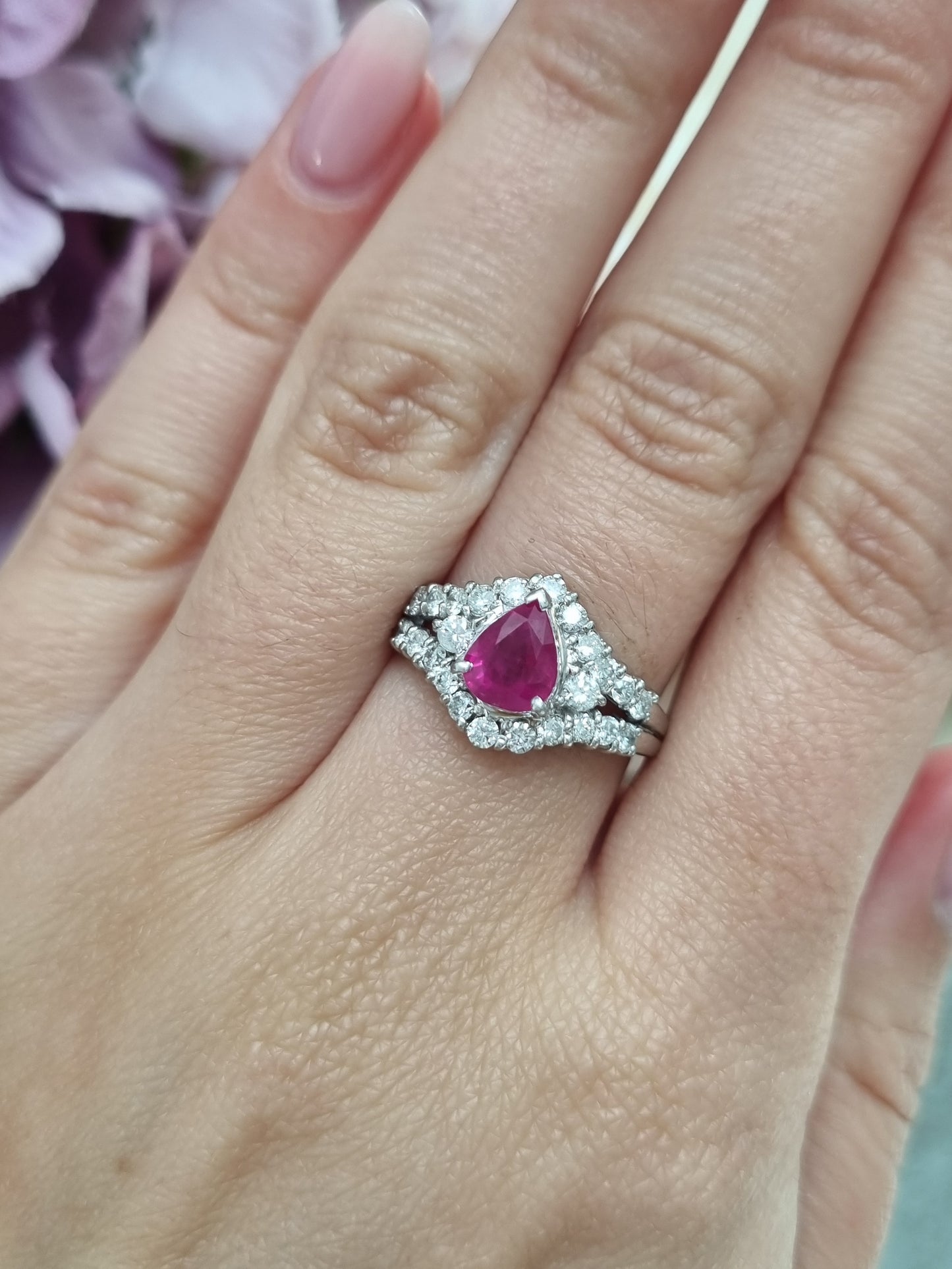1ct Pear Cut Ruby and Diamond Cluster Engagement Ring in Platinum