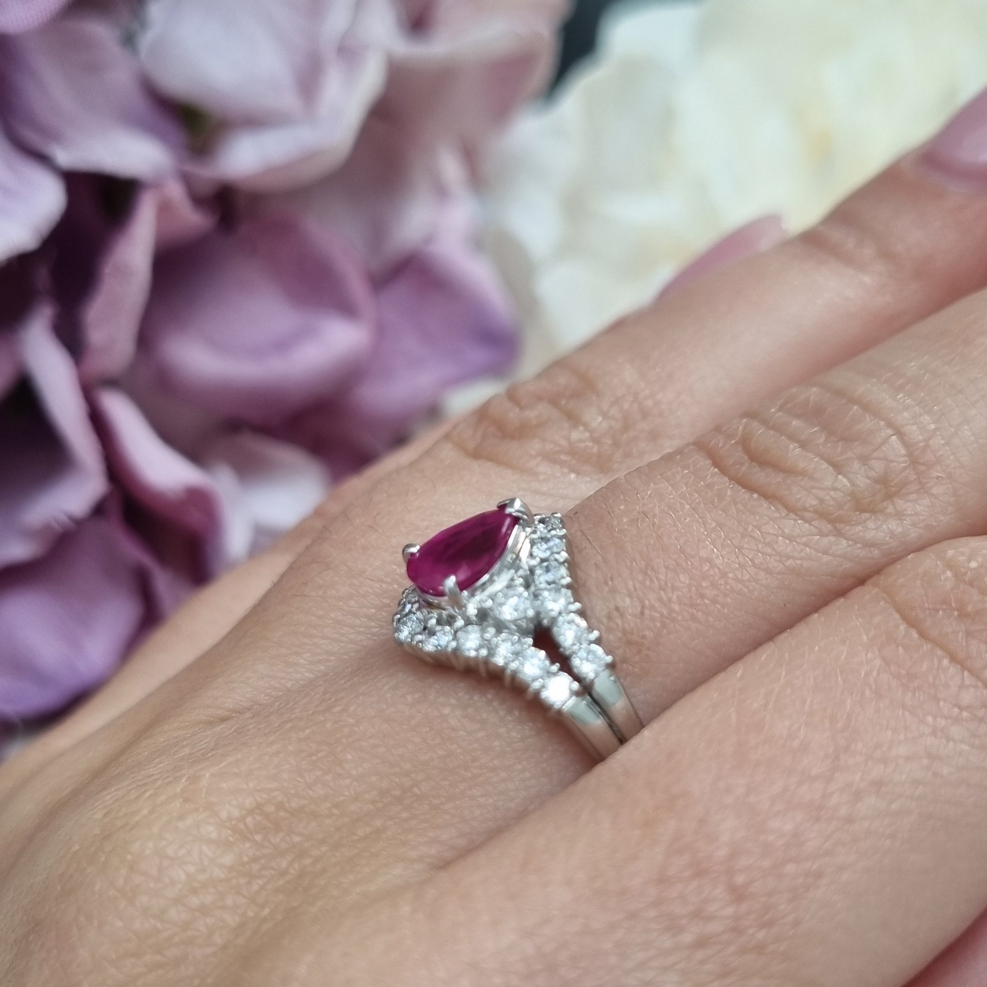 1ct Pear Cut Ruby and Diamond Cluster Engagement Ring in Platinum