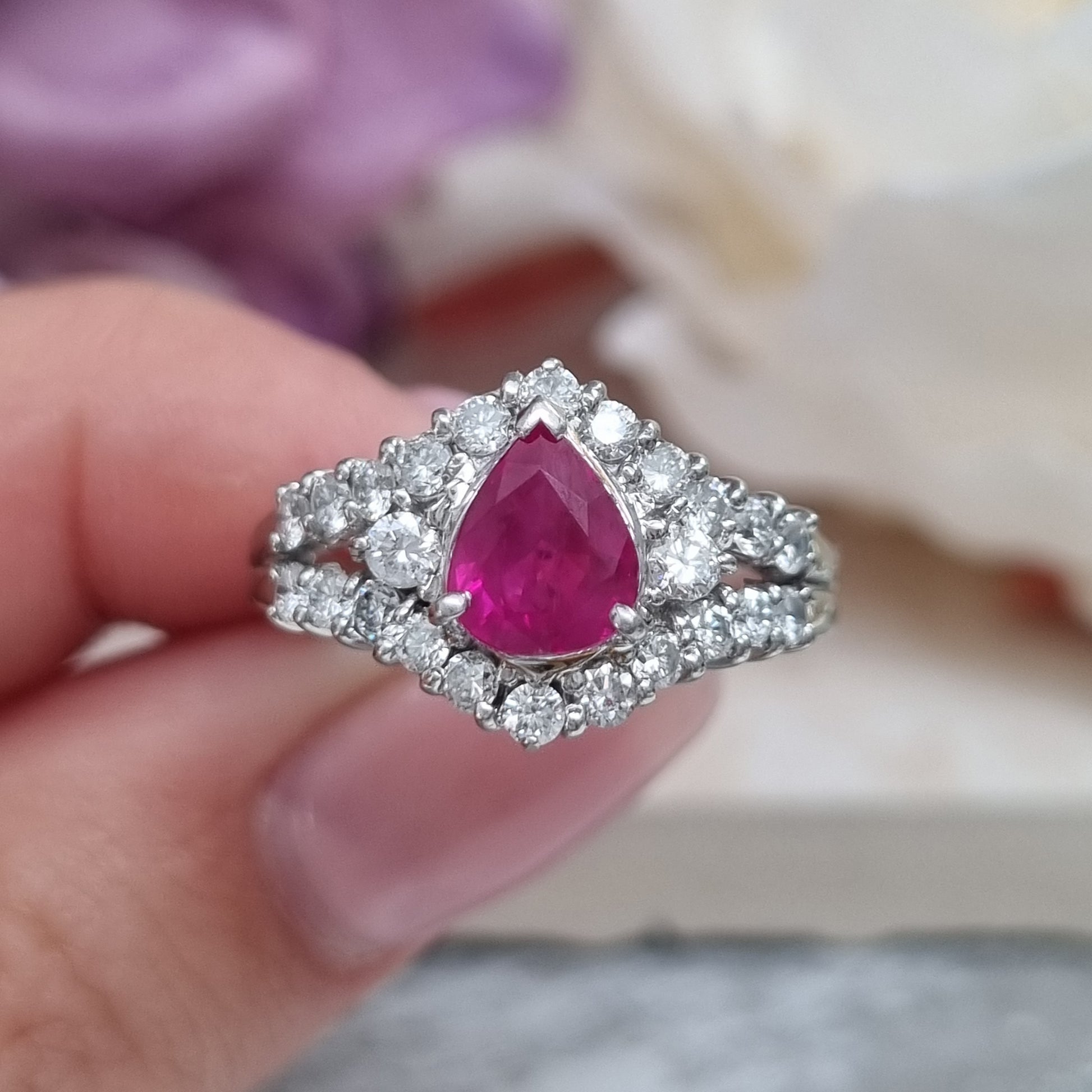 1ct Pear Cut Ruby and Diamond Cluster Engagement Ring in Platinum