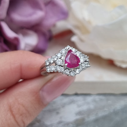 1ct Pear Cut Ruby and Diamond Cluster Engagement Ring in Platinum