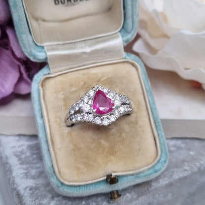 1ct Pear Cut Ruby and Diamond Cluster Engagement Ring in Platinum