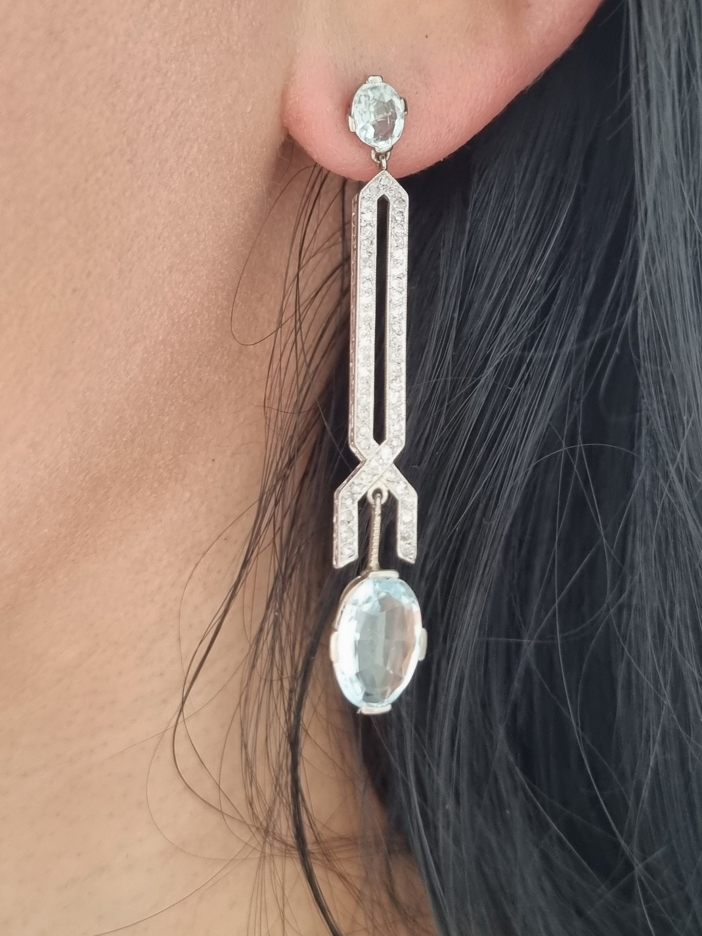 Art Deco Aquamarine and Diamond Drop Earrings in Platinum