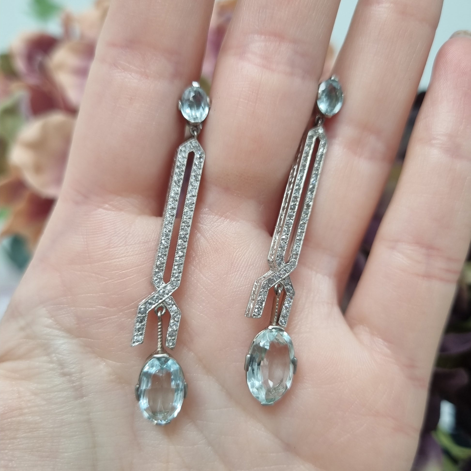 Art Deco Aquamarine and Diamond Drop Earrings in Platinum