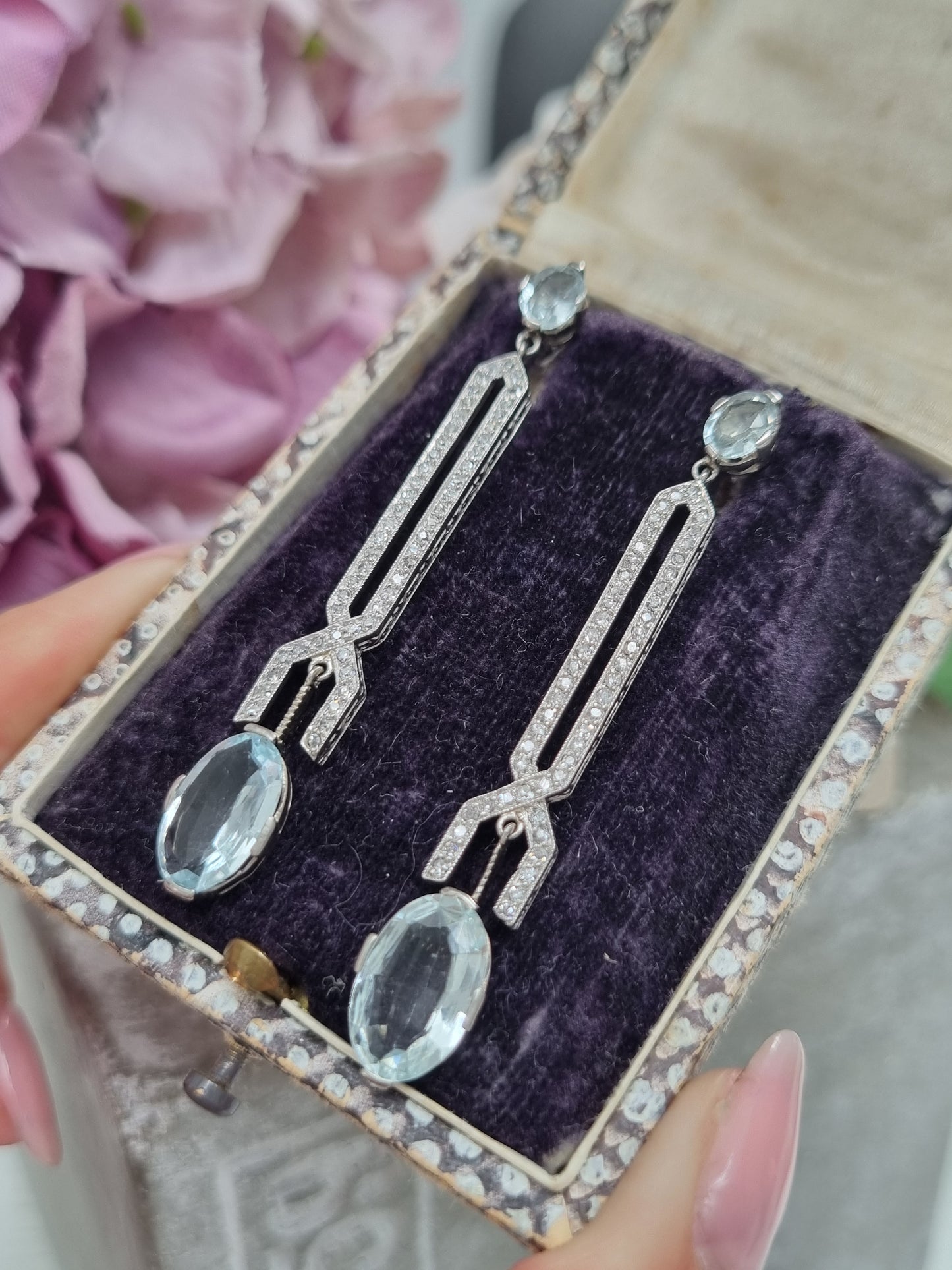 Art Deco Aquamarine and Diamond Drop Earrings in Platinum
