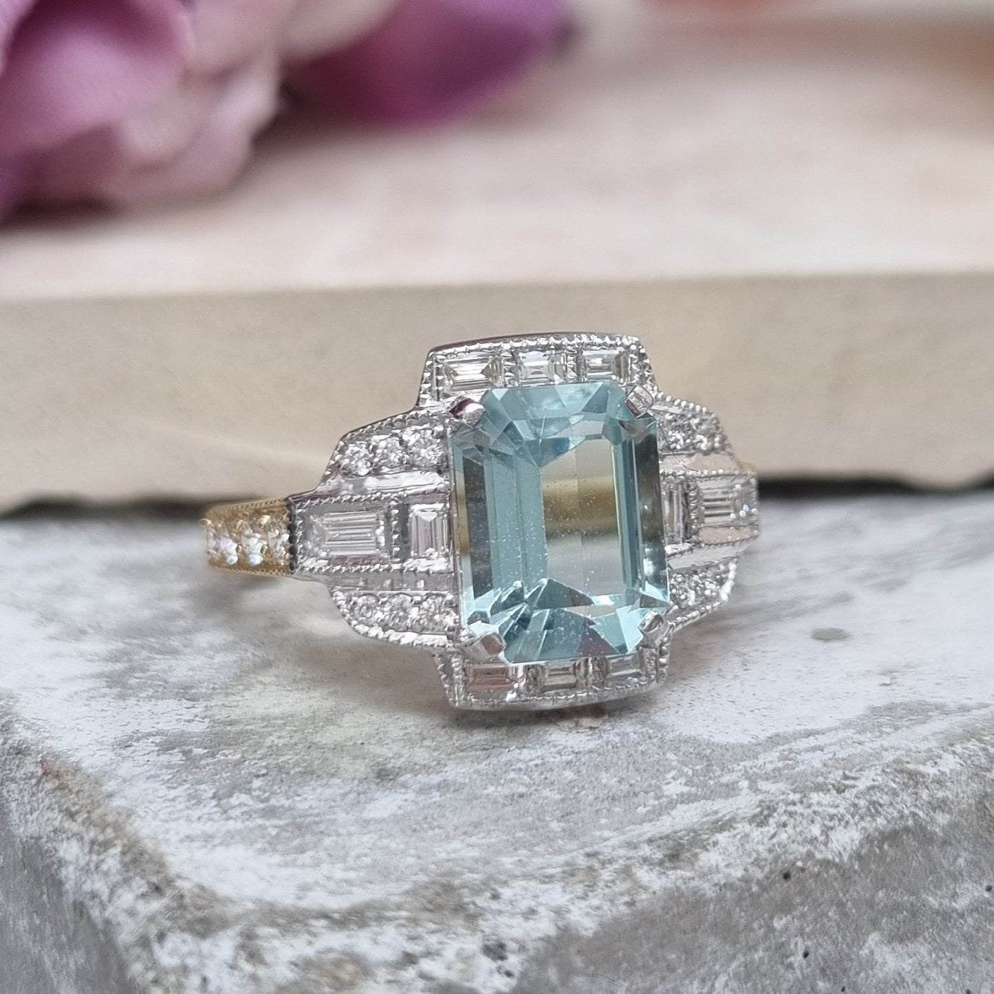 2.34ct Emerald Cut Aquamarine and Diamond Cluster Engagement Ring in 18ct White and Yellow Gold
