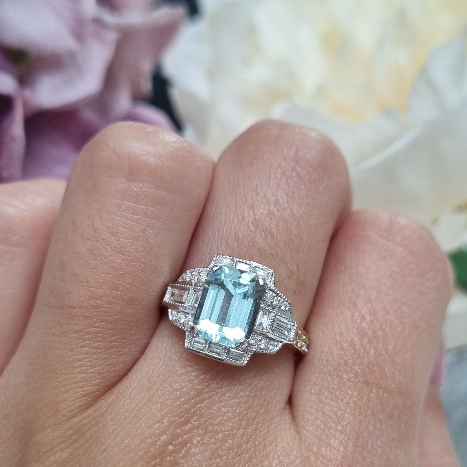 2.34ct Emerald Cut Aquamarine and Diamond Cluster Engagement Ring in 18ct White and Yellow Gold