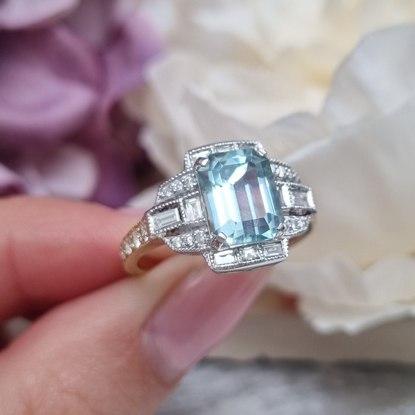 2.34ct Emerald Cut Aquamarine and Diamond Cluster Engagement Ring in 18ct White and Yellow Gold