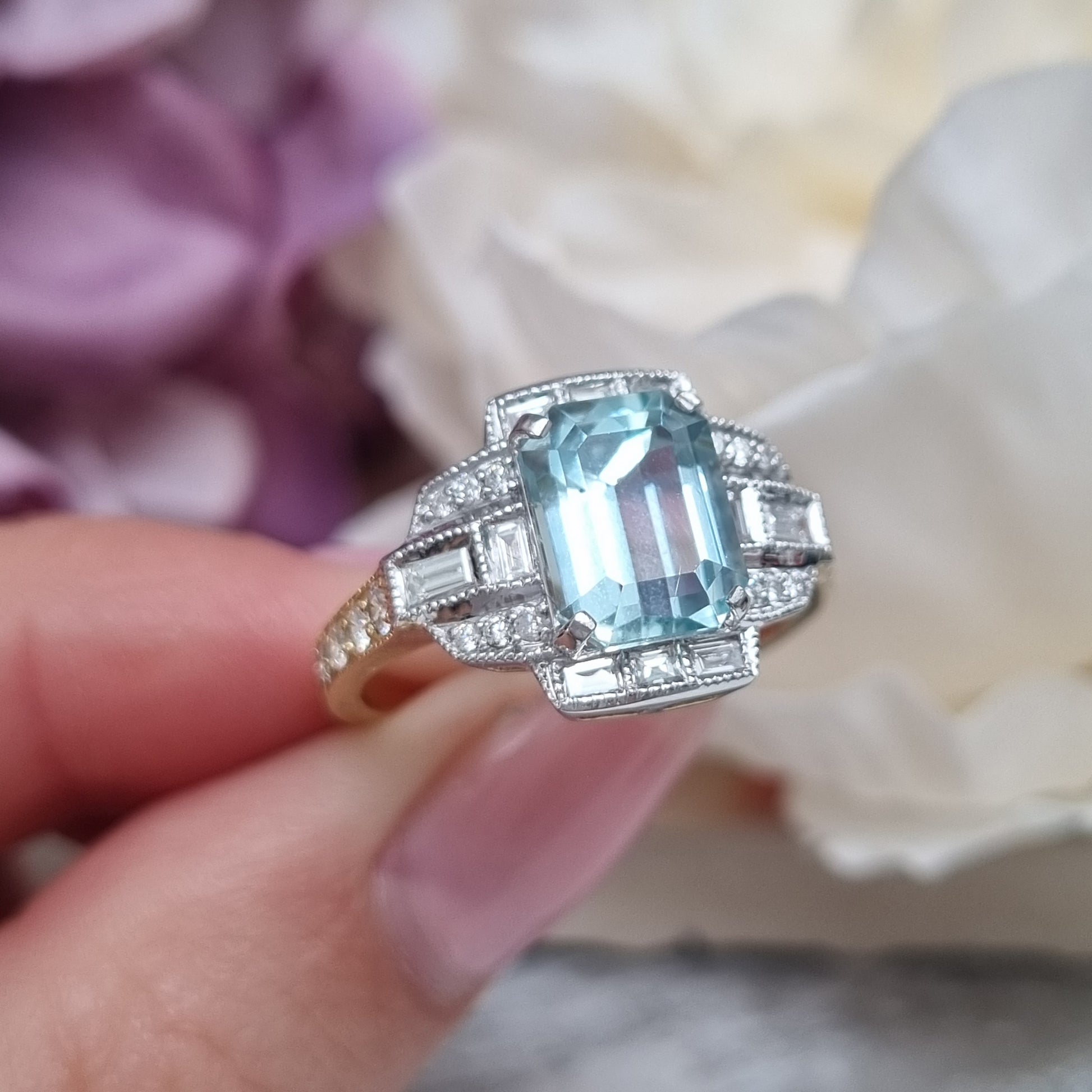 2.34ct Emerald Cut Aquamarine and Diamond Cluster Engagement Ring in 18ct White and Yellow Gold