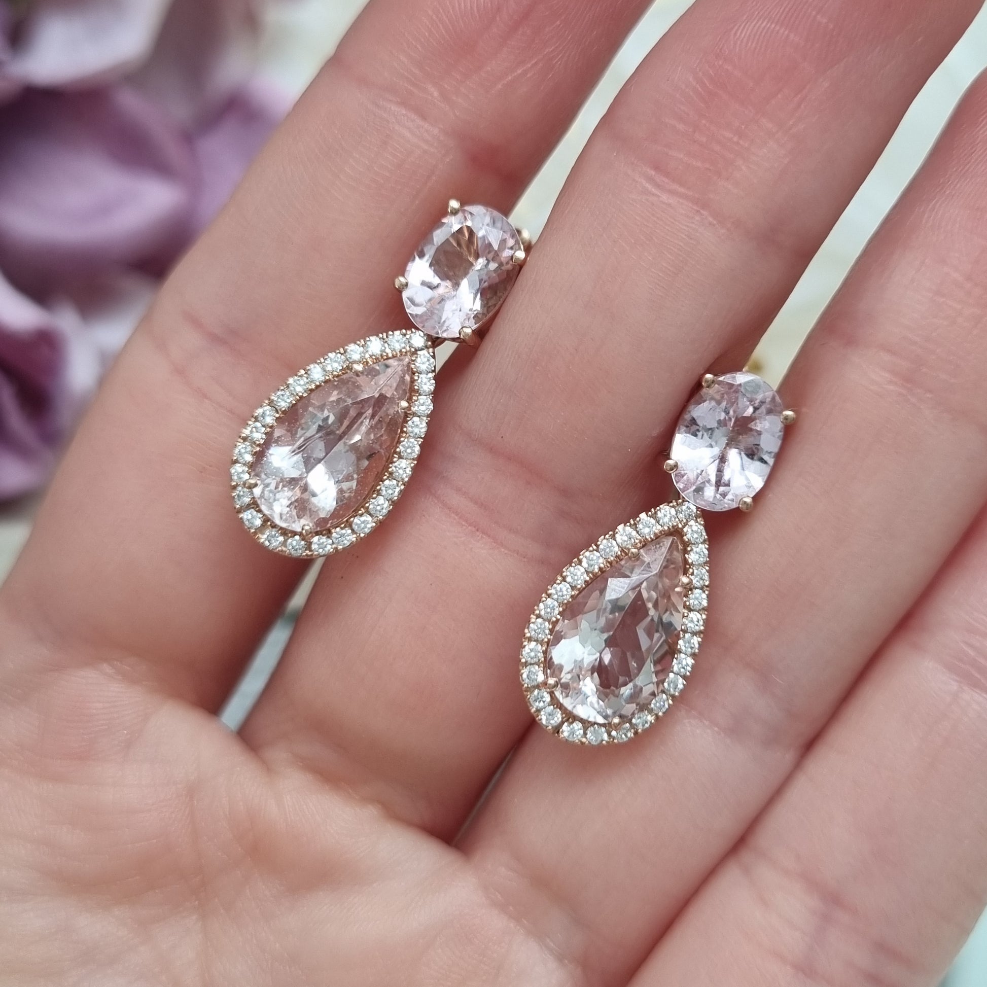 6.98 Pear Cut Morganite and Diamond Cluster Drop Earrings in Rose Gold