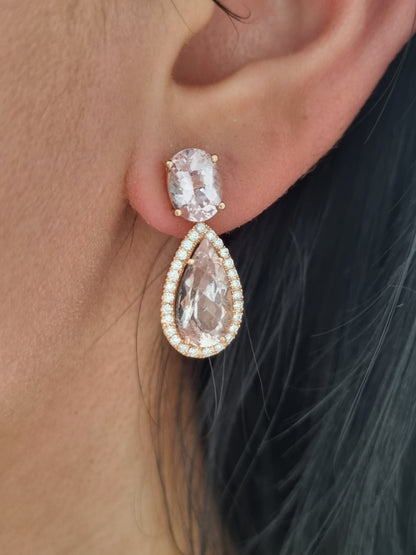 6.98 Pear Cut Morganite and Diamond Cluster Drop Earrings in Rose Gold
