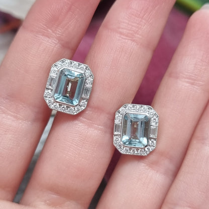 3.18ct Emerald Cut Aquamarine and Diamond Cluster Stud Earrings