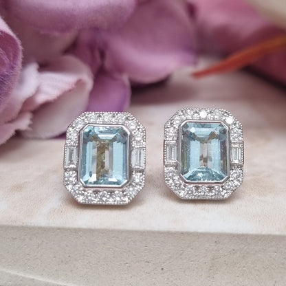 3.18ct Emerald Cut Aquamarine and Diamond Cluster Stud Earrings