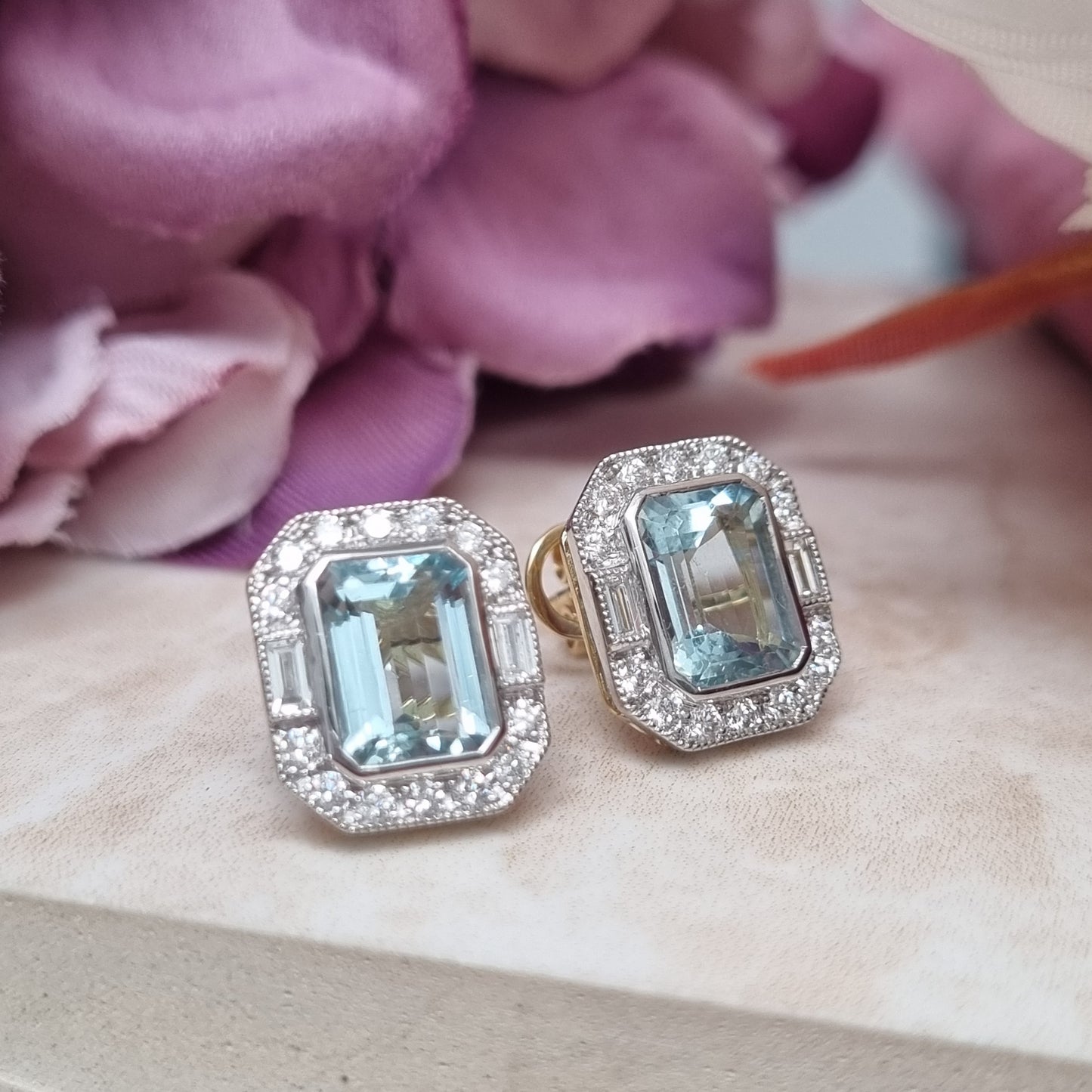 3.18ct Emerald Cut Aquamarine and Diamond Cluster Stud Earrings
