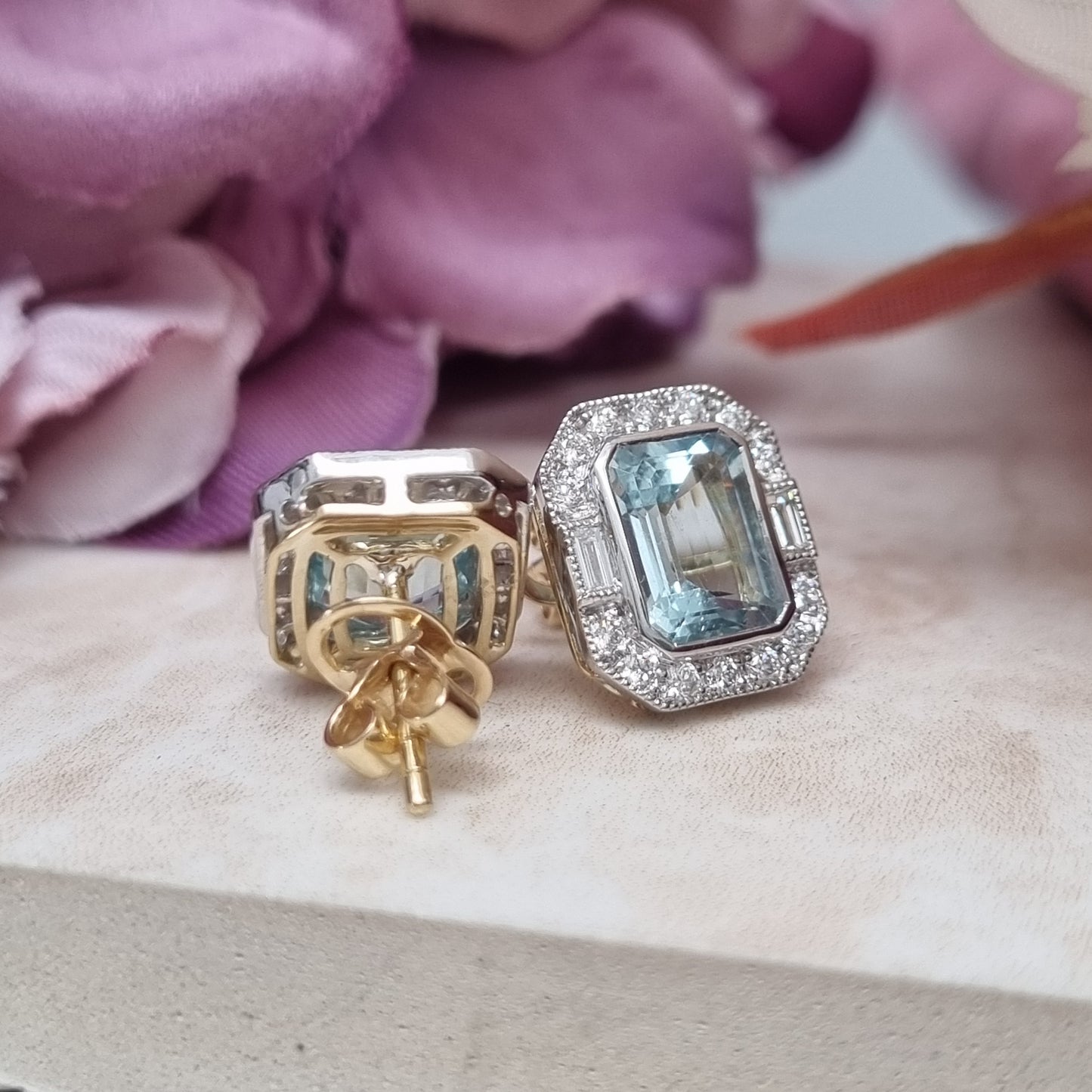 3.18ct Emerald Cut Aquamarine and Diamond Cluster Stud Earrings