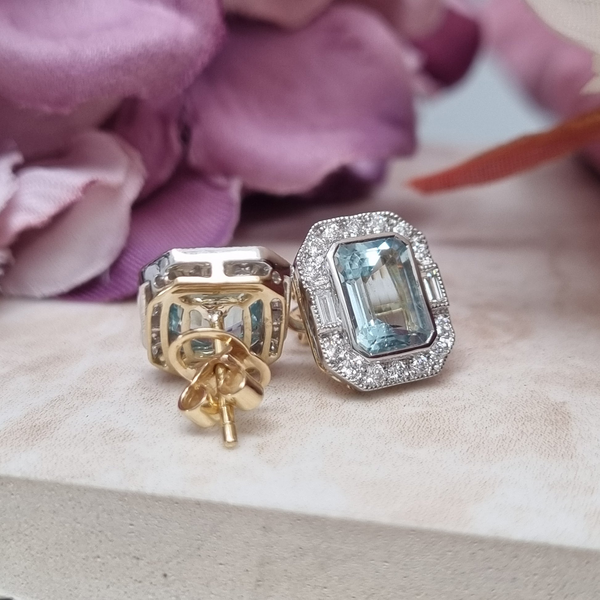 3.18ct Emerald Cut Aquamarine and Diamond Cluster Stud Earrings