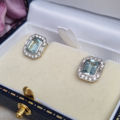 3.18ct Emerald Cut Aquamarine and Diamond Cluster Stud Earrings