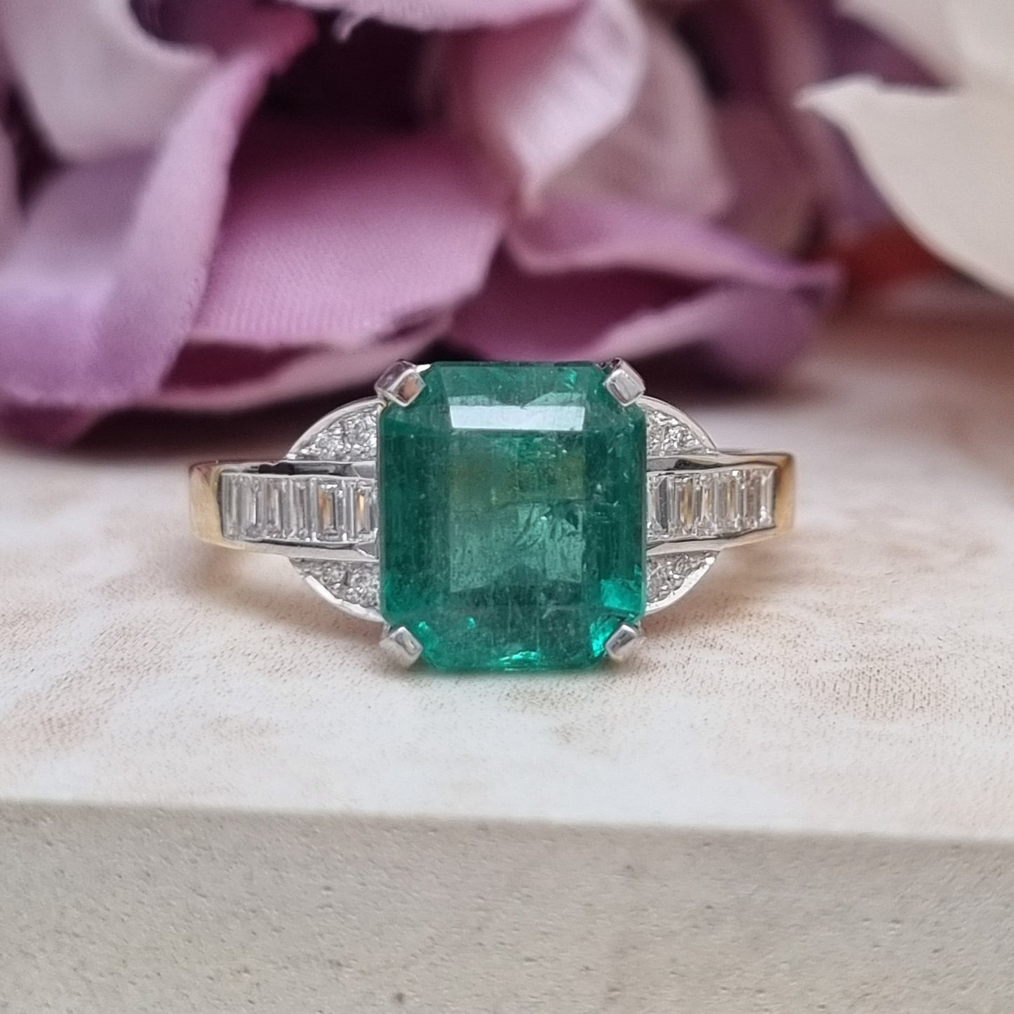 4ct Emerald-Cut Emerald and Baguette Diamond Cluster Engagement Ring