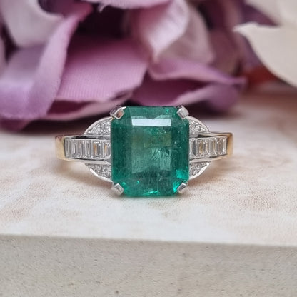 4ct Emerald-Cut Emerald and Baguette Diamond Cluster Engagement Ring