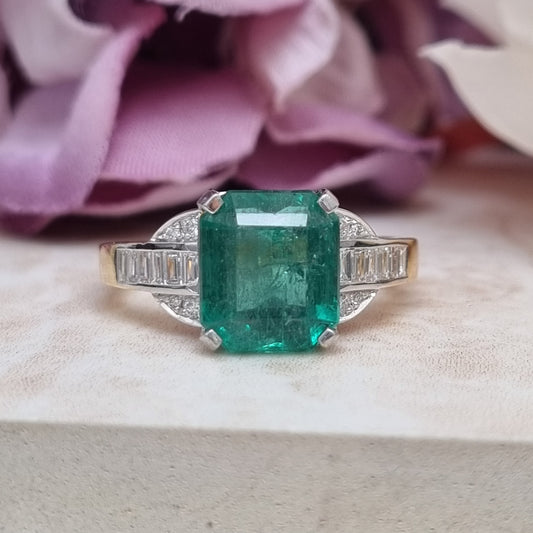 4ct Emerald-Cut Emerald and Baguette Diamond Cluster Engagement Ring