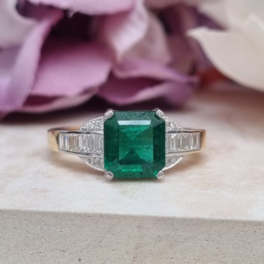2.30ct Octagonal Shape Step Cut Emerald and Baguette Diamond Cluster Engagement Ring