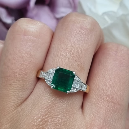 2.30ct Octagonal Cut Emerald and Baguette Diamond Cluster Engagement Ring