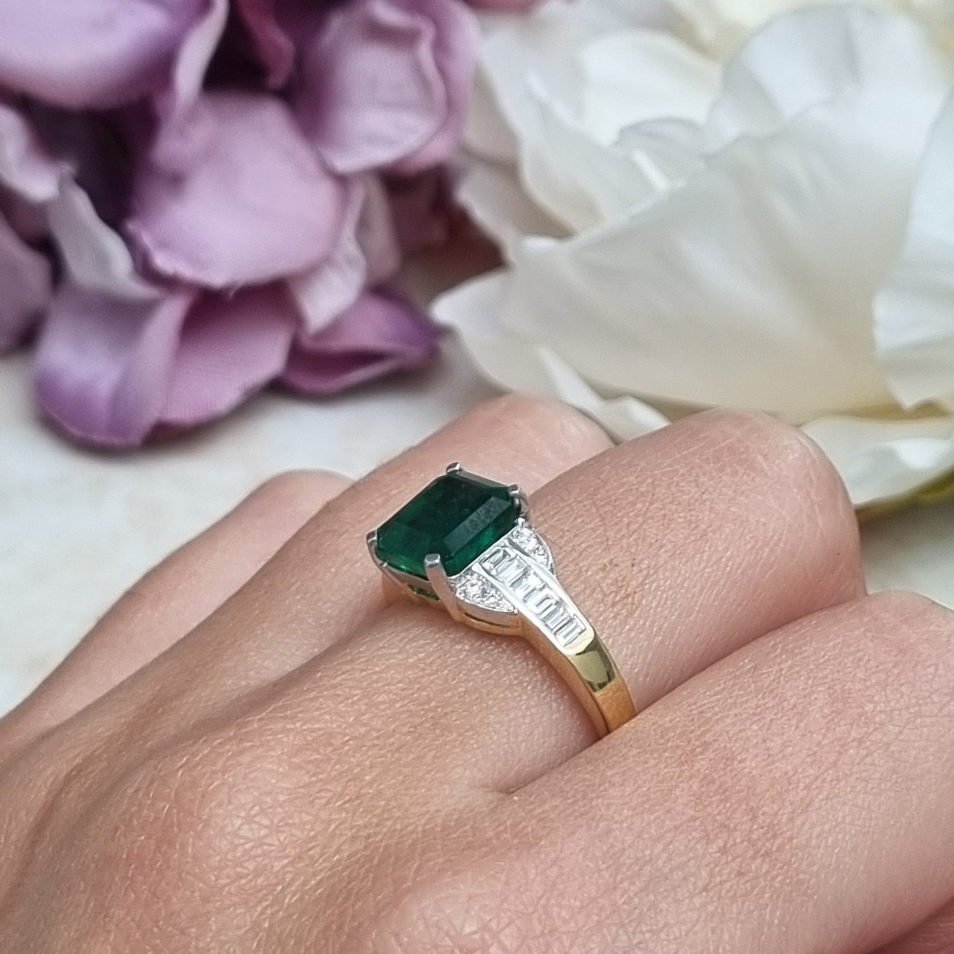 2.30ct Octagonal Cut Emerald and Baguette Diamond Cluster Engagement Ring
