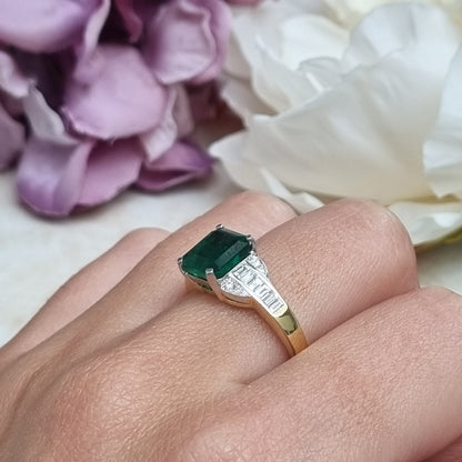 2.30ct Octagonal Cut Emerald and Baguette Diamond Cluster Engagement Ring