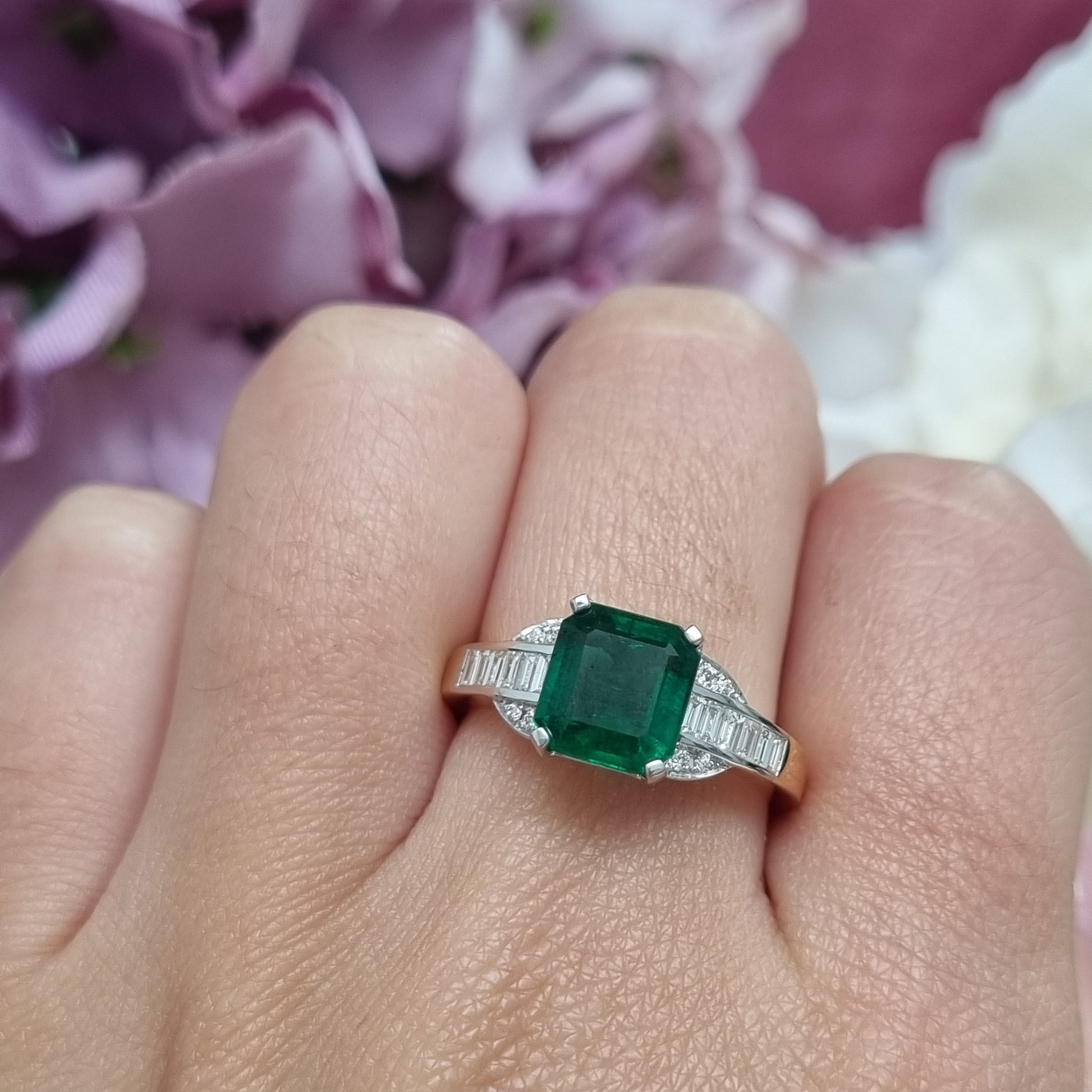 2.30ct Octagonal Cut Emerald and Baguette Diamond Cluster Engagement Ring