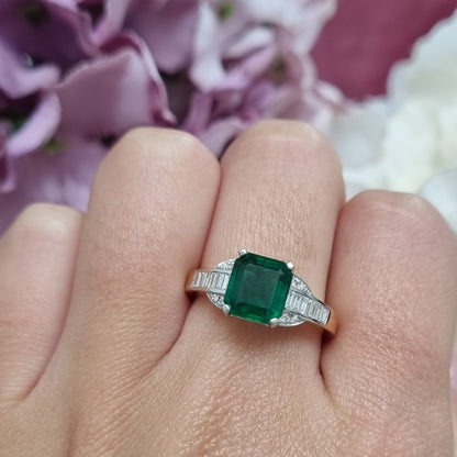 2.30ct Octagonal Cut Emerald and Baguette Diamond Cluster Engagement Ring