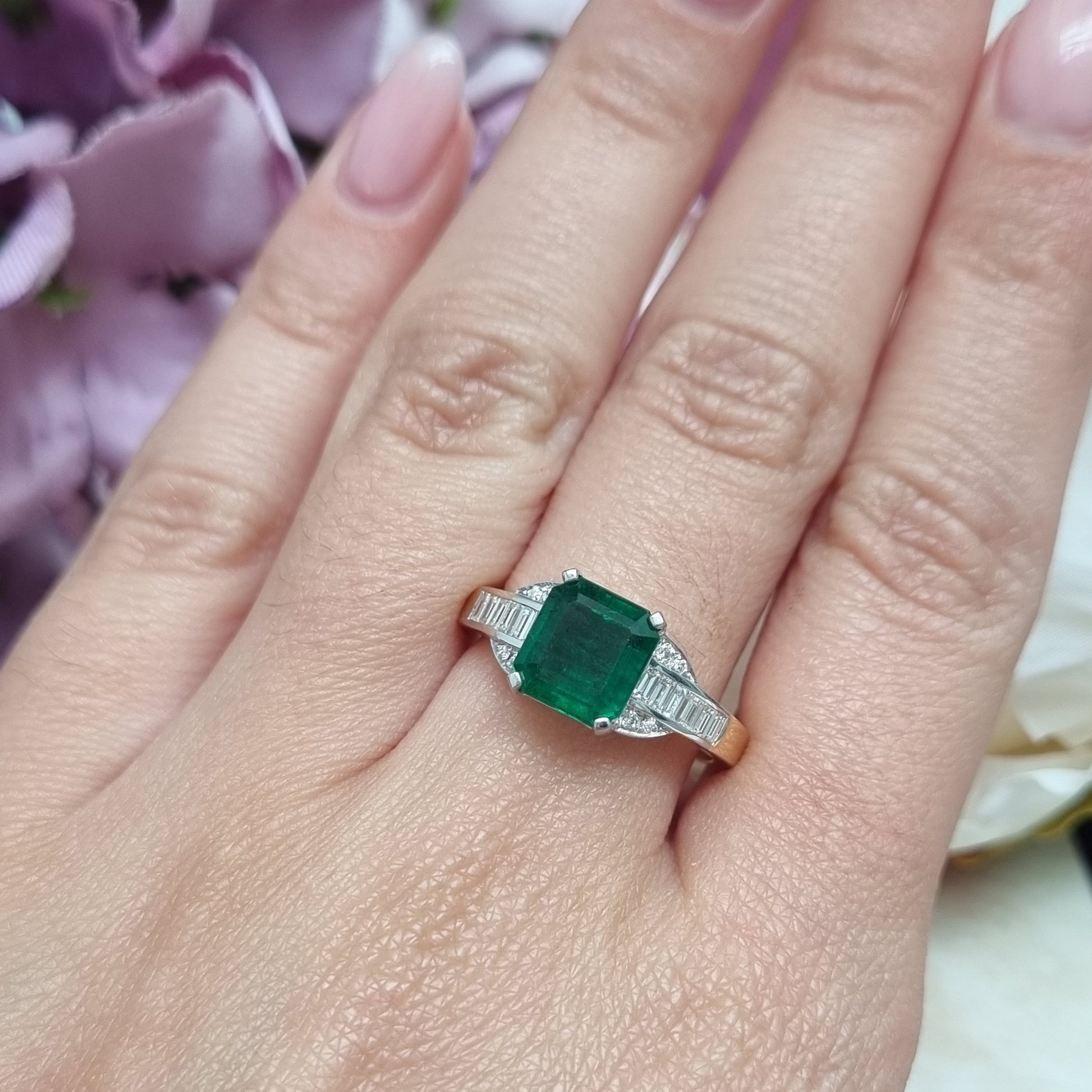 2.30ct Octagonal Shape Step Cut Emerald and Baguette Diamond Cluster Engagement Ring