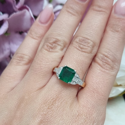 2.30ct Octagonal Shape Step Cut Emerald and Baguette Diamond Cluster Engagement Ring