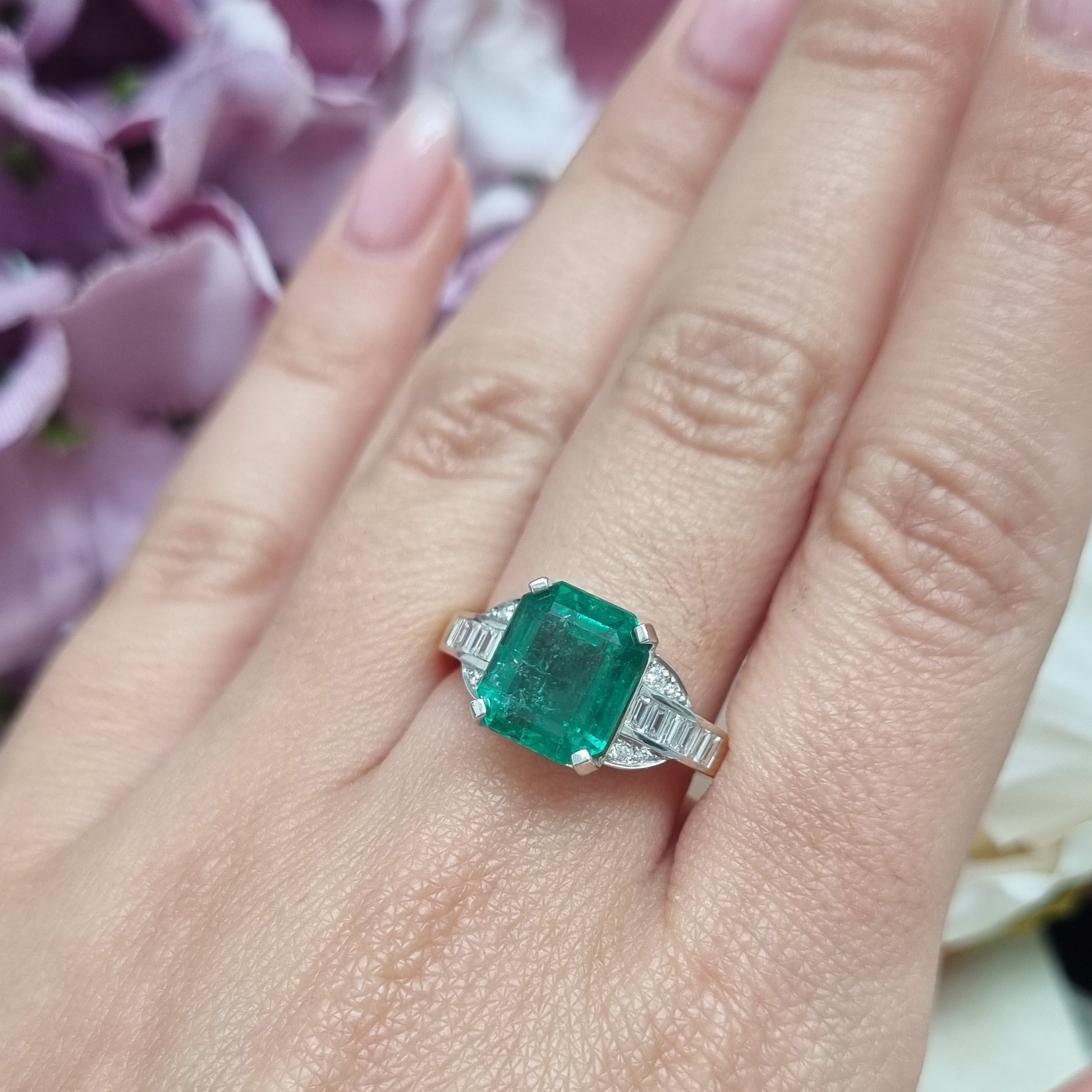 4ct Emerald-Cut Emerald and Baguette Diamond Cluster Engagement Ring