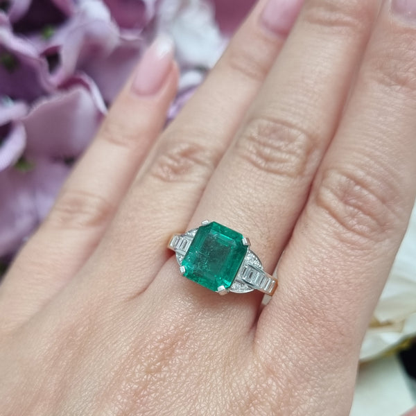 4ct Emerald-Cut Emerald and Baguette Diamond Cluster Engagement Ring