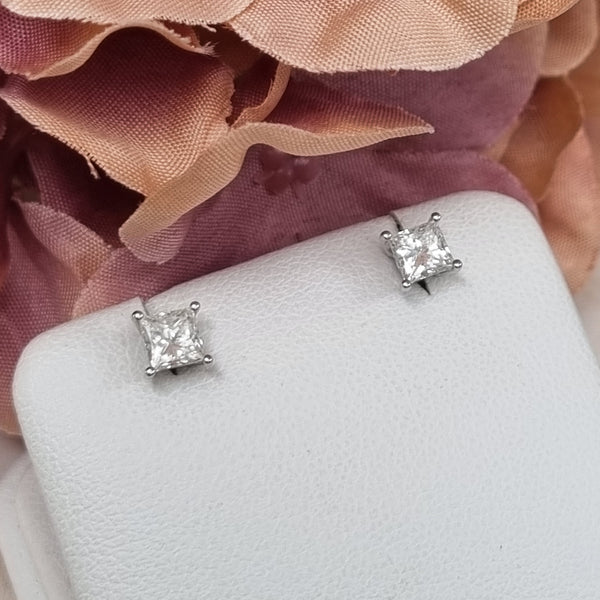 Single Stone Square Princess Cut Diamond Solitaire Stud Earrings, 0.76 carats