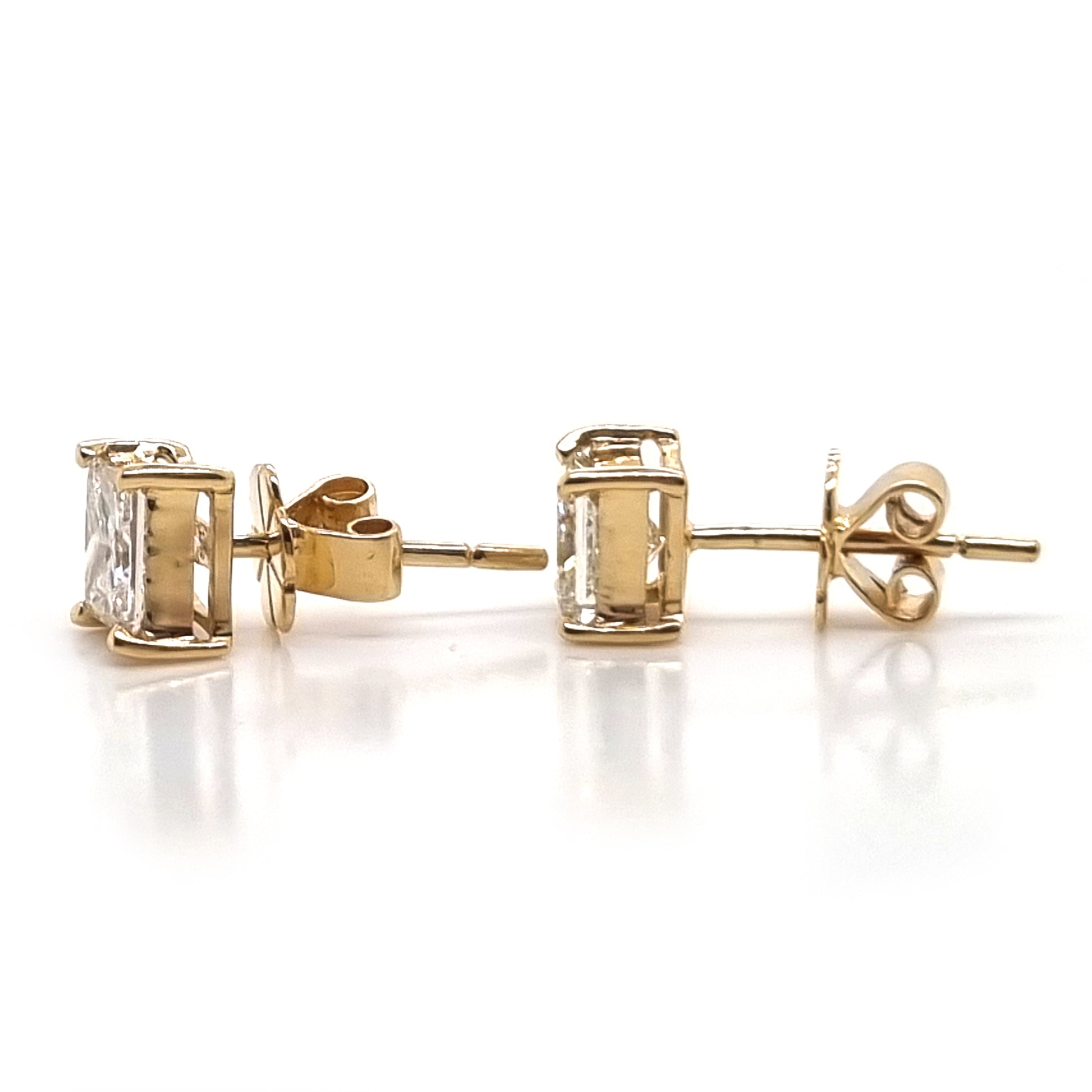 1.73ct Square Princess Cut Diamond Solitaire Stud Earrings in Yellow Gold