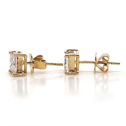 1.73ct Square Princess Cut Diamond Solitaire Stud Earrings in Yellow Gold