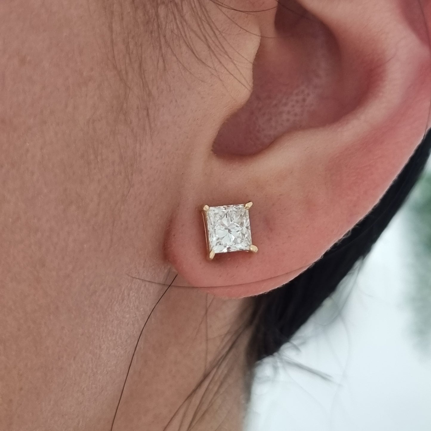 1.73ct Square Princess Cut Diamond Solitaire Stud Earrings in Yellow Gold