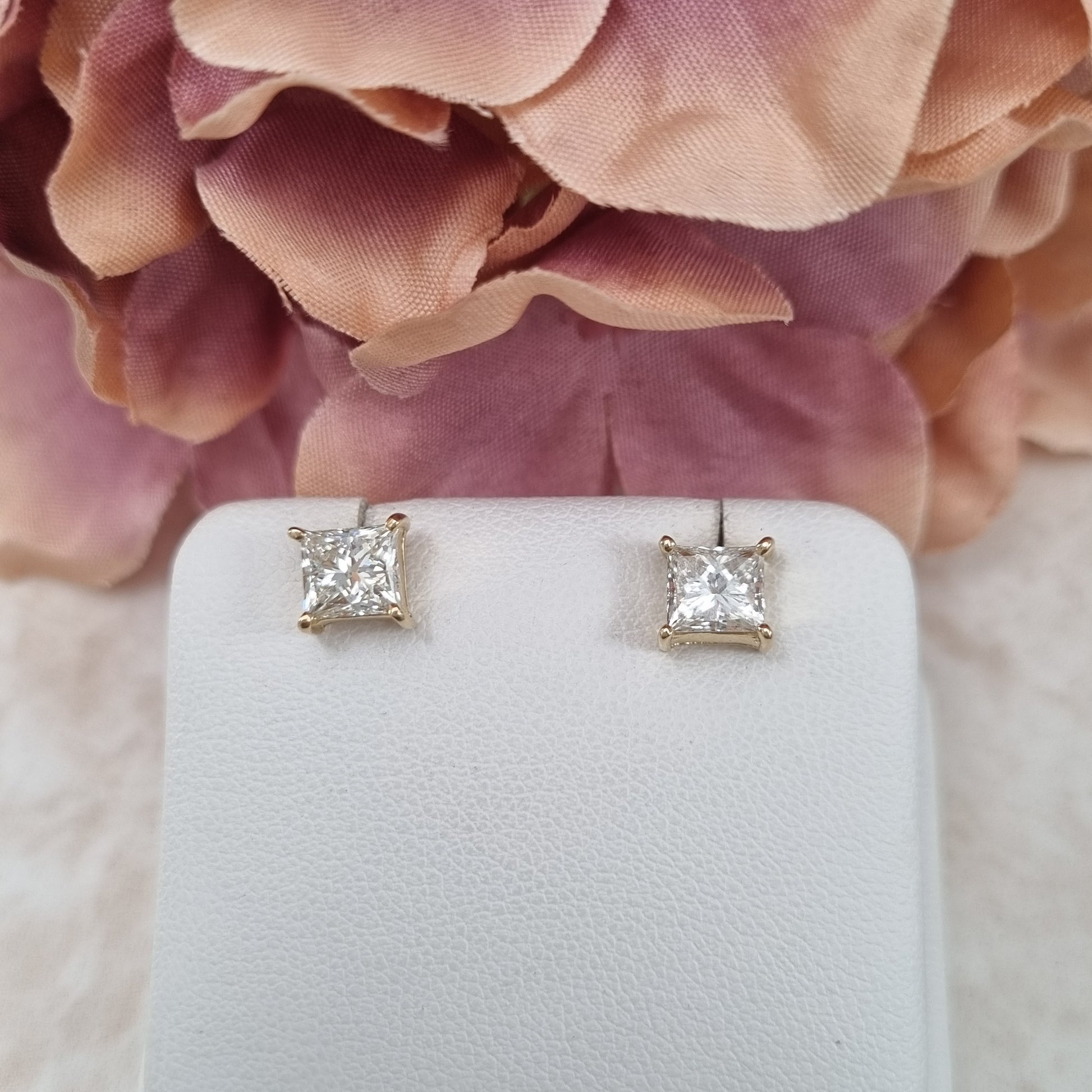 1.73ct Square Princess Cut Diamond Solitaire Stud Earrings in Yellow Gold