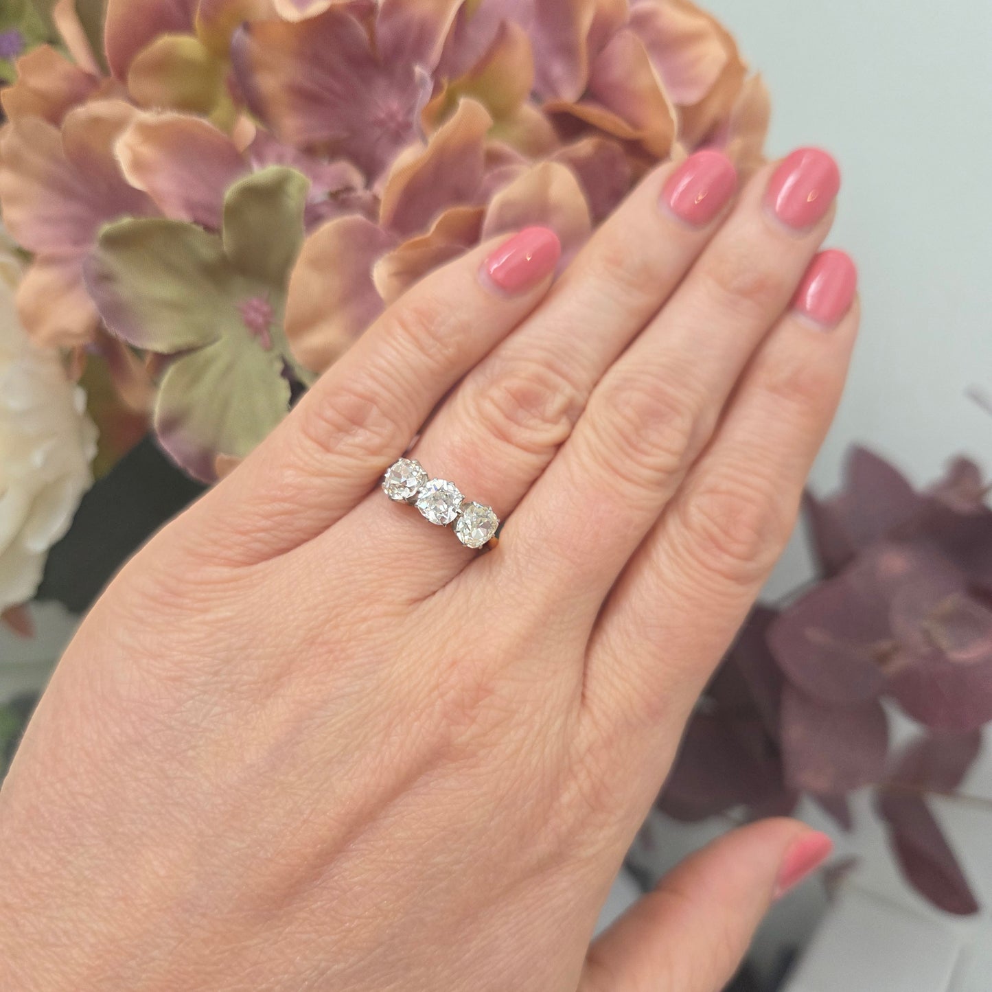 Antique 2ct Old Cut Diamond Three Stone Engagement Ring