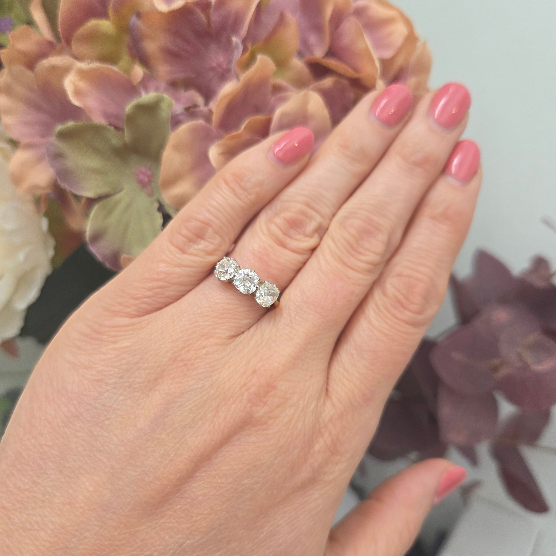 Antique 2ct Old Cut Diamond Three Stone Engagement Ring