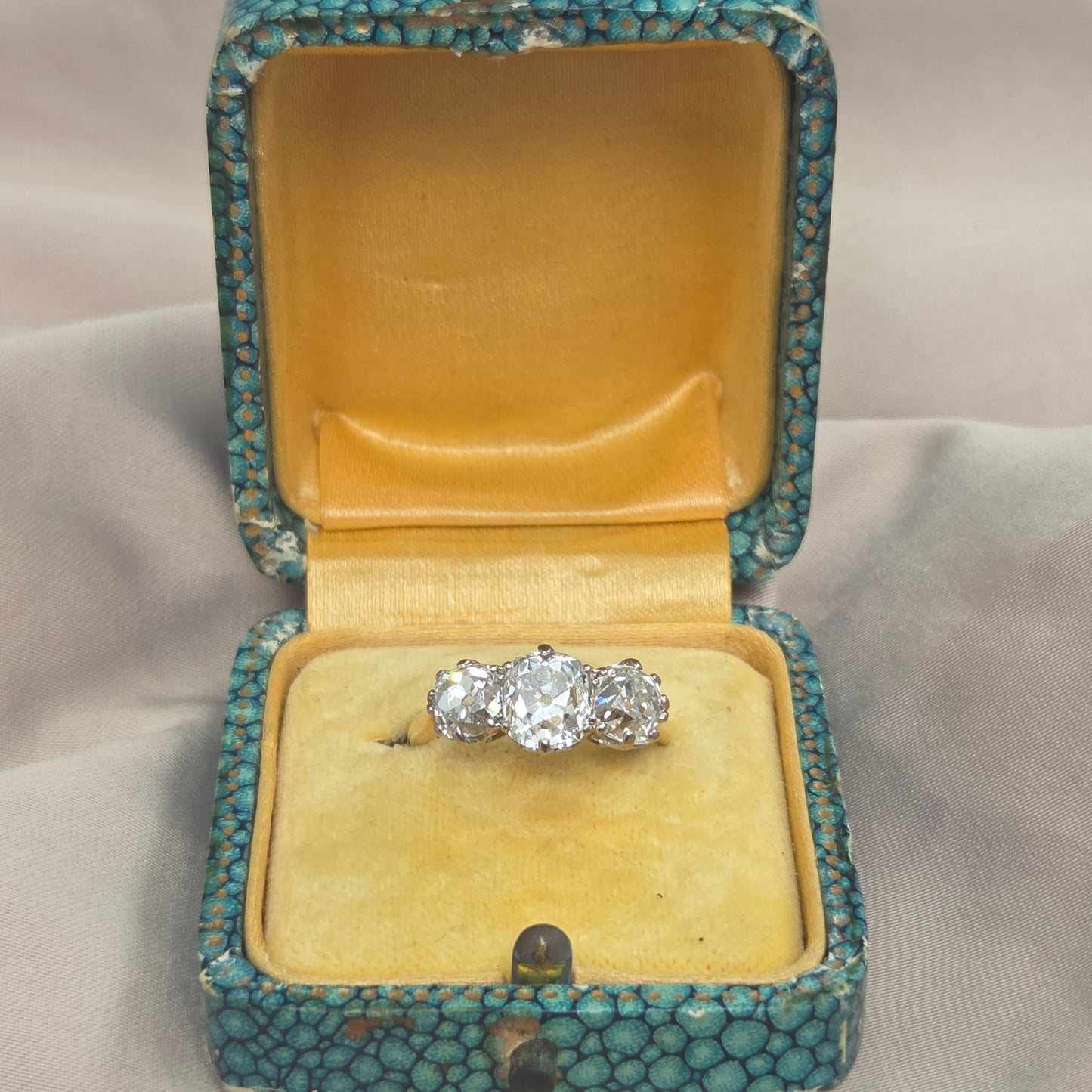 Antique 3.40ct Old Mine Cut Diamond Three Stone Engagement Ring