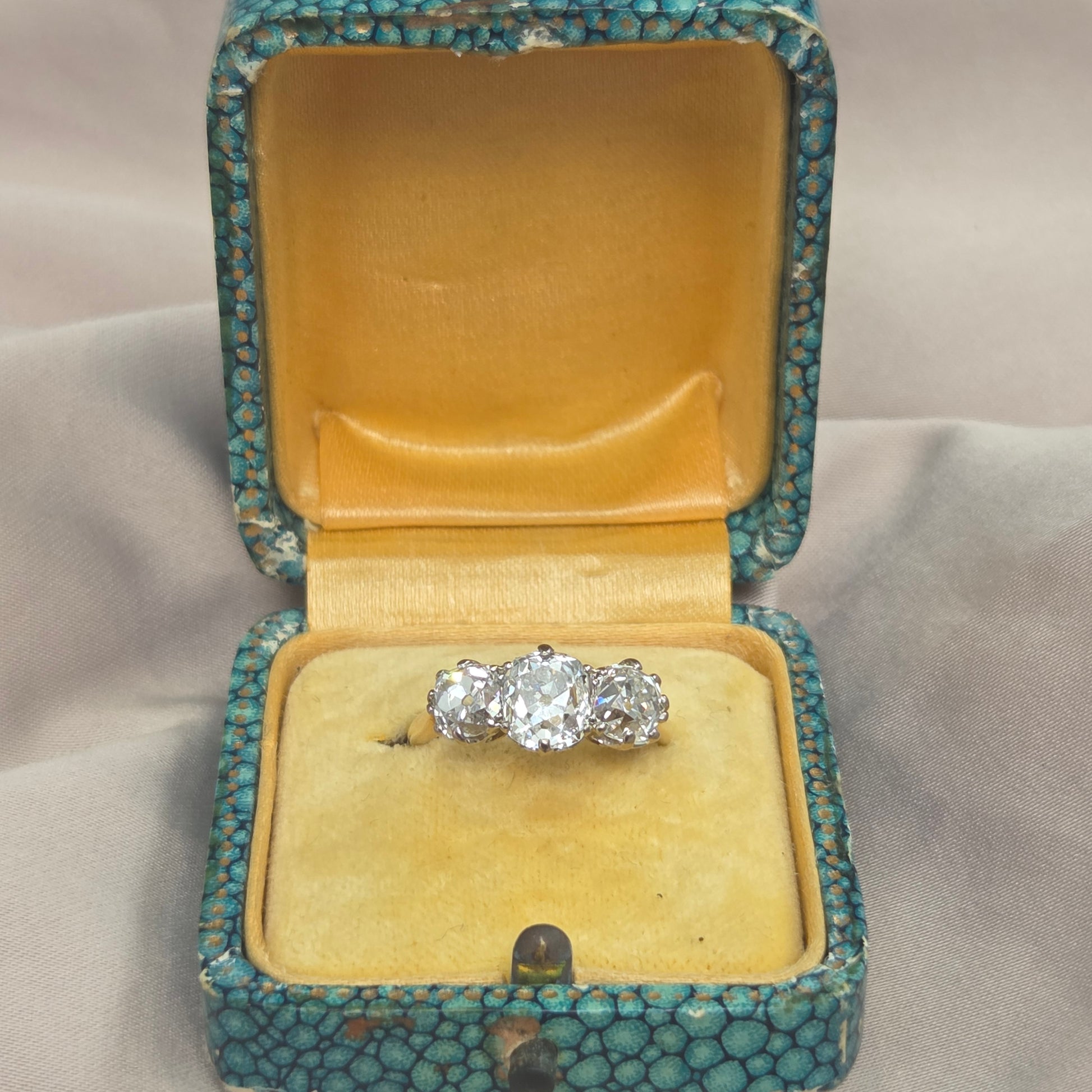 Antique 3.40ct Old Mine Cut Diamond Three Stone Engagement Ring