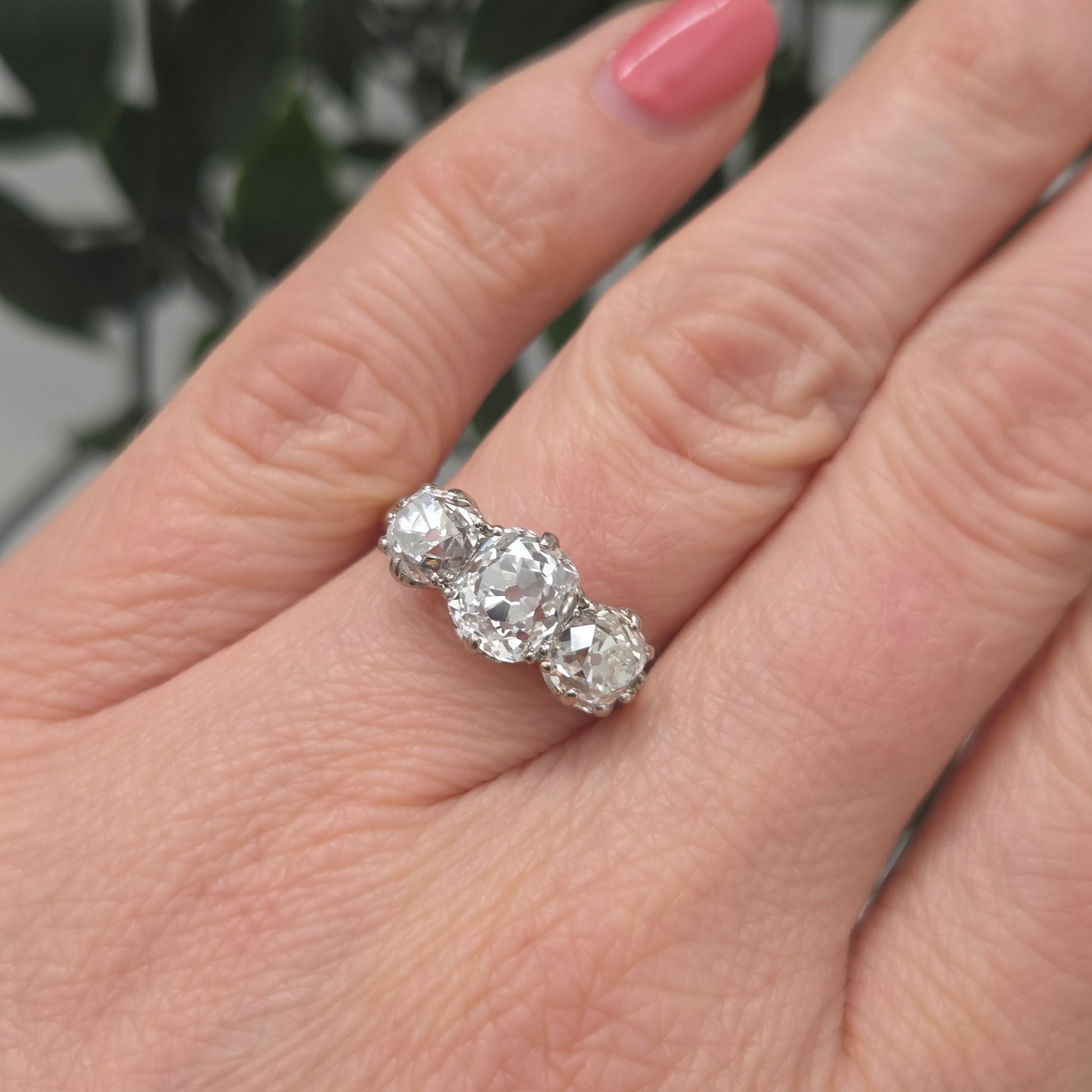 Antique 3.40ct Old Mine Cut Diamond Three Stone Engagement Ring
