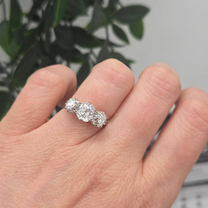 Antique 3.40ct Old Mine Cut Diamond Three Stone Engagement Ring